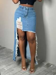 Women's Casual High-Waist Denim Skirt With Front Ripped Holes And Fringed Hem, Mid-Length - 中等水洗藍 - 查看 5
