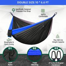 2 Person Camping Hammock, 3 Meters Long X 2m Wide (300*200cm), Includes 2 X 2.5m Tree Straps, 2 Heavy Duty Stainless Steel Carabiners, And 1 Storage Bag, 8 Loops Per Tree Strap, Portable Hammock Made Of 210T Parachute Fabric. Double Hammock, Easy To Install, Suitable For Camping, Beach, Hiking, Outdoor