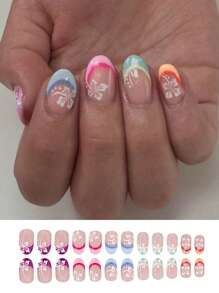 24PCS Short Round Nail, Creative Yellow Flower Fake Nails Nail, Press On The Nail.