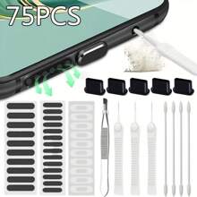 Zestaw 75 sztuk Zestaw do czyszczenia portu ładowania telefonu komórkowego i zaślepki przeciwpyłowe portu ładowania typu C kompatybilne z iPhone'em, iPadem, iOS, USB C, głośnikiem typu C z siatką przeciwpyłową Zestaw do czyszczenia
