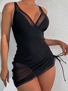 Women Monokini Swimdress Bathing Suit Patchwork/Solid Color Sleeveless Swimsuits Summer Swimwear Bikini - Black - View 3