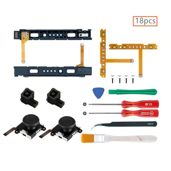 18 In 1 Replacement Repair Kit For N-Switch Joy-Con With Screwdrivers Opening Tool, 3D Left Right Analog Joysticks, Buckle Lock, Charging Port Slider, Button Sync Flex Cable Set