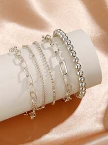 5 件/套球珠袖口女士男士波西米亚海滩金色银色手链饰品金属个性珠宝 - 銀色 - 查看 3