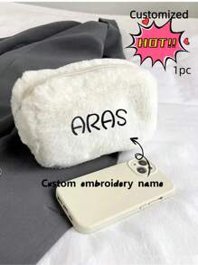 Bolsa de maquillaje personalizada con nombre bordado, de gran capacidad y linda, bolsa de almacenamiento portátil y esponjosa, estilo coreano de moda para chicas, en color liso suave tipo "Aesthetic INS", bolsa de cosméticos de colores de caramelo para estudiantes y damas