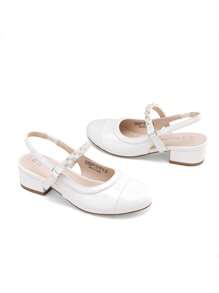 Girls Dress Shoes Slingback Heels Round Toe Pump For Little Big Kids Flower Party Wedding Princess - 白色 - 查看 9