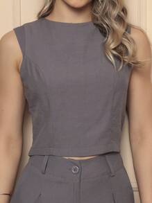 Women's Casual Tailored Set Plain Blouse With Long Trousers - Gris - Ver 2