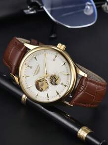LONGLUX 1pc Men's Hollow Automatic Mechanical Watch, Fashionable Casual Leather Strap Watch, Gift - Coffee Brown - View 3