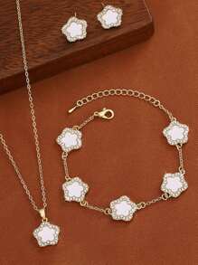 Winglove 4pcs/Set Style Five-Leaf Flower Earrings Necklace Bracelet Jewelry Set - Fashion Lucky Flower Jewelry Set Suitable For Daily Wear Christmas New Year Valentine's Day Holiday Gift - Yellow Gold - View 6