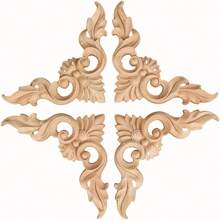 4 件木雕贴花嵌体，未上漆小木角花雕刻贴花适用于镜子橱柜墙壁门柜梳妆台床头柜 DIY 艺术品项目 - 如圖所示 - 查看 2