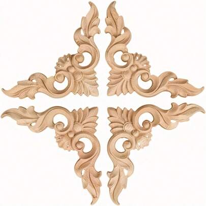 4 Pcs Wood Carved Appliques Onlays, Unpainted Little Wooden Corners Flower Carvings Decals For Mirrors Cabinets Walls Doors Chests Dressers Night Stand DIY Artwork Project