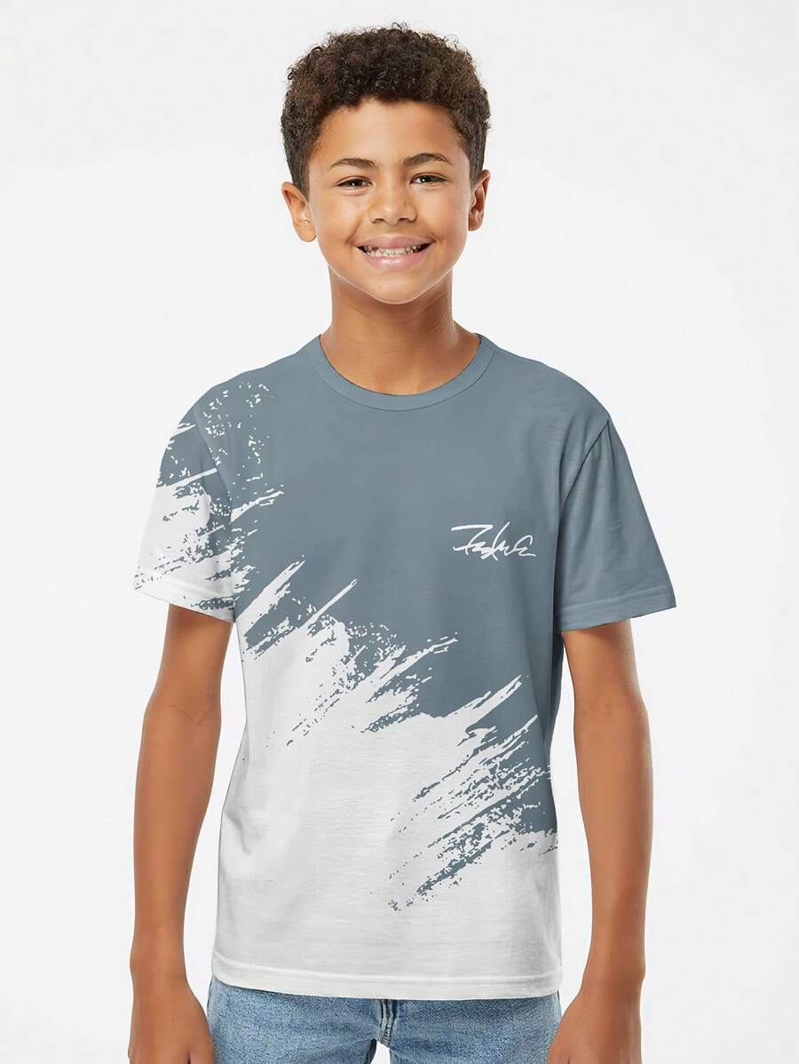 青少年男孩休闲时尚 T 恤，卡通酷炫图案短袖，四季户外服装，流行