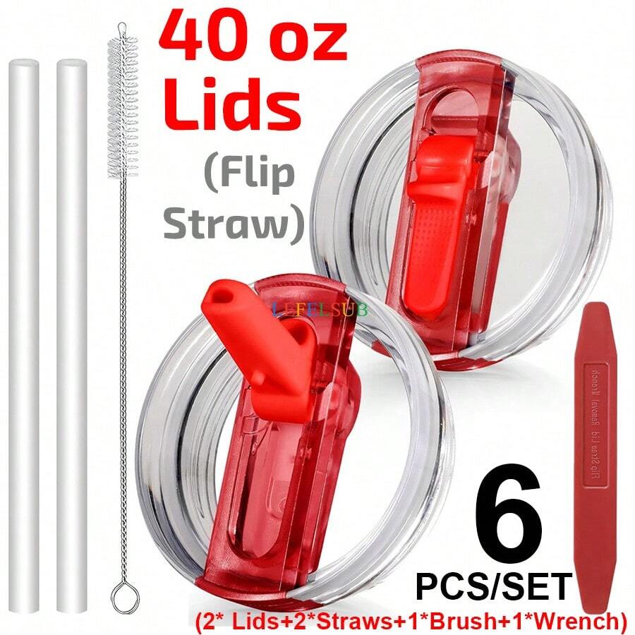 6PCS/SET, Compatible With Stanley Cup 40 Oz, 40 Oz H2.0 Tumbler Flip Straw Leak Proof Lid, 2025 New Upgrade 40oz Tumbler Cup Reusable Removable Replacement No Spill Proof & Splash Resistant Flip Straw Mug Cover For 40oz Cup Accessories, Detachable Leakproof Lids Cover Topper Compatible With 40 Ounce Cup (1set Includes 2pcs Replacement Lids, 2pcs (8.8 Inch) Straws, 1pc (9 Inch) Brush, 1pc Removal Tool Wrench) - cho 40 oz Sta... Cốc thủy tinh - Xem 1