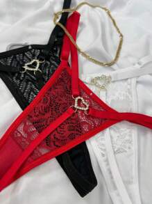 Kit 3 Lace Heart Thongs Sexy Lingerie With Pendant Thong Panties Sensual Lingerie - 彩色 - 查看 1