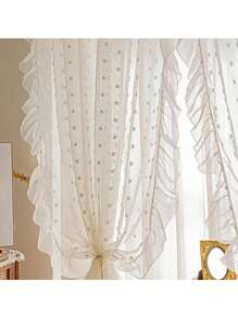 1 pieza/2 piezas Cortina romántica francesa blanca con volantes de encaje con relieve y pompones, Panel de cortina vaporosa de tul con puntos delicados para sala de estar, dormitorio, separador de balcón, decoración de boda, telón de fondo para habitación nupcial