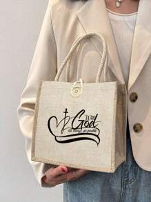 Bolsa de tela con estampado de flor y mariposa, bolsa de tote para dama de honor, bolsa de compras, bolsa plegable y liviana, bolsa de tote portátil y multifuncional con texto "With God" impreso.