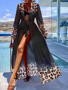 Leopard Print Chiffon Kimono Robe For Women, Lightweight For Spring/Summer Vacation & Beach, With Ombre Sash - Black - View 3