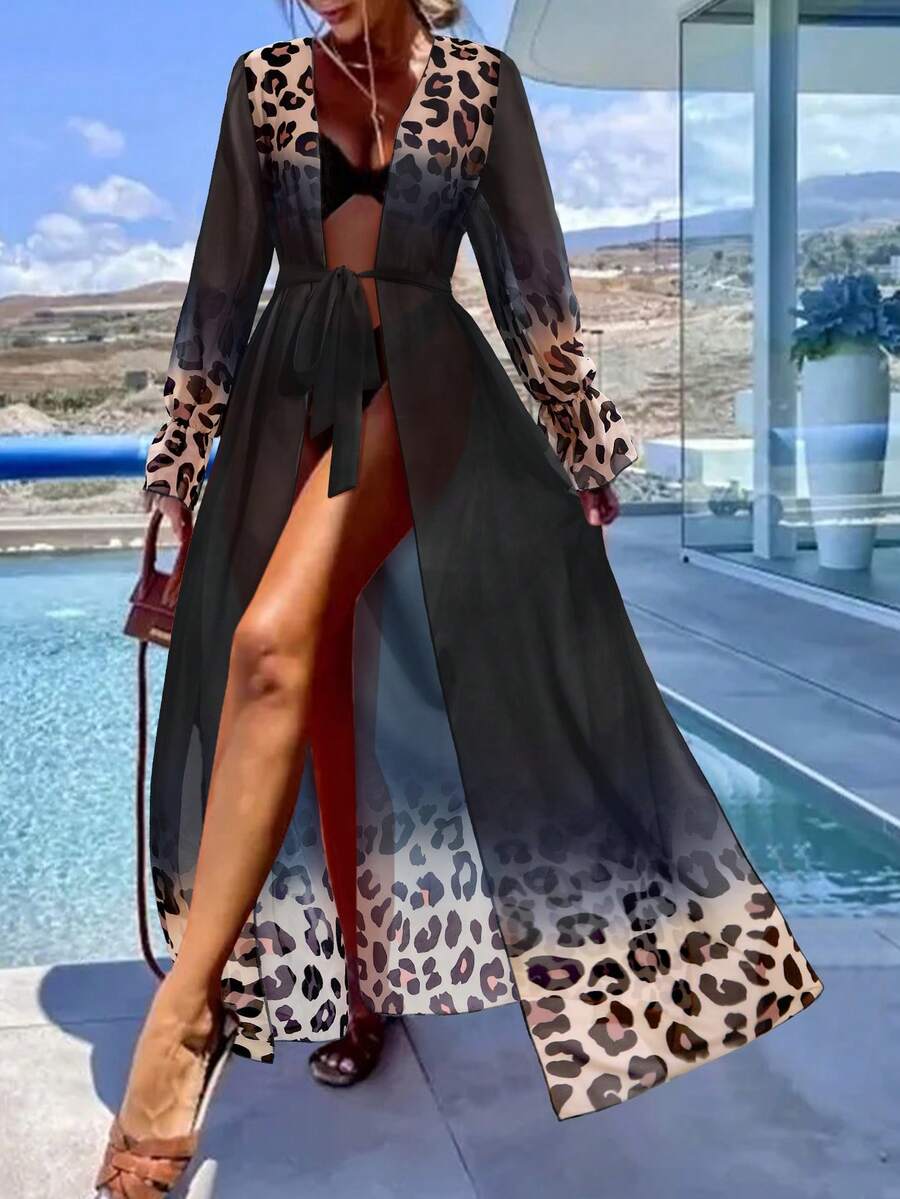 女士豹纹雪纺和服睡袍，轻盈透气，适合春夏度假及海滩穿着，配有渐变色腰带 - 黑色 - 查看 1