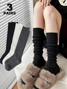 女士针织袜，纯色竖条纹过膝袜，保暖复古风，圣诞礼物 - 米色 - 查看 3