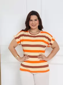 Plus Size Striped Blouse Short Sleeve Folded Japanese Viscolycra G1 - Orange - View 5