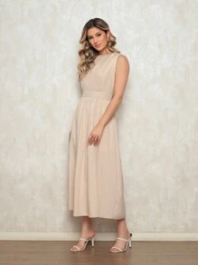 Elegant Women's Crepe Dress - Fitted Waist, Discreet Neckline And Loose Skirt - Ideal For Formal And Casual Events - 米色 - 查看 2