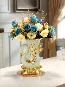 1pc Elegant Ceramic Swan Vase With Golden Accents - Living Room Decorative Vase, Swan Figurine For Living Room, TV Cabinet, Liquor Cabinet, Artificial Flowers, Upgrade Ambiance, Beautiful Housewarming Gift