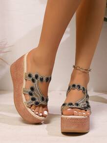 女士坡跟厚底水钻一脚蹬凉鞋，适合春夏季、度假、旅行和日常穿着 - 杏色 - 查看 3