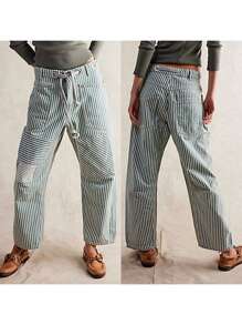 Women Striped Patchwork Pants Drawstring Barrel Pant Wide Leg Baggy Pants Streetwear Casual Y2k Loose Trousers With Pockets - 墨綠色 - 查看 2