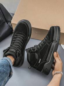 (尺码偏小)男士黑白拼布运动鞋,小众设计前系带高帮滑板鞋,舒适情侣运动鞋 - 黑色 - 查看 6