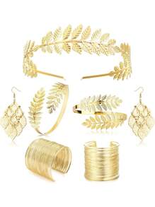 IRONBOX Bộ phụ kiện trang phục nữ thần Hy Lạp 7 món cho phụ nữ Vòng tay vương miện lá vàng Hoa tai ngọc trai Trang sức cưới cô dâu - 7 chiếc - Xem 1