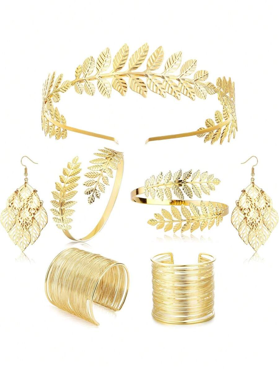 IRONBOX Bộ phụ kiện trang phục nữ thần Hy Lạp 7 món cho phụ nữ Vòng tay vương miện lá vàng Hoa tai ngọc trai Trang sức cưới cô dâu - 7 chiếc - Xem 1