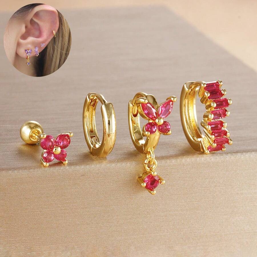 4 件装可爱蝴蝶方晶锆石耳环套装女士款，18K 镀金，简约不锈钢耳钉首饰