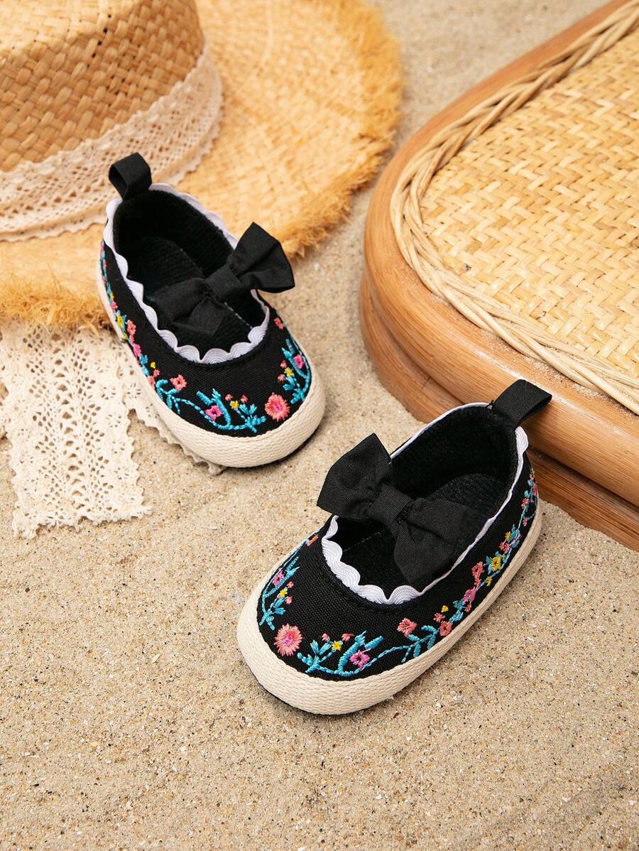 舒适婴幼儿鞋，女童刺绣蝴蝶结平底鞋，春夏婴儿室内爬行鞋