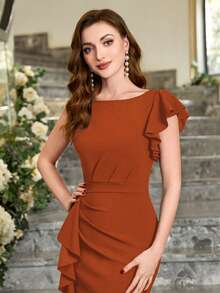 MIUSOL Solid Color Asymmetric Ruffle Sleeve Cocktail Dress, Elegant Semi-Formal Women Dress