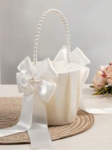 Satin White Bow Faux Pearl Wedding Flower Basket, Create A Romantic Wedding, Ideal For New Year Decoration And Gift-Giving
