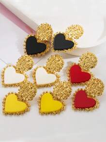 1 Pair Retro Colorful Resin Heart Plated Gold Earrings - Multicolor - View 1