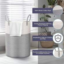 大容量 38X50cm 圆绳洗衣篮 大号编织洗衣篮，棉绳可折叠脏衣篮，桶装脏衣服、玩具和毯子 浴室、婴儿房杂物玩具收纳盒脏布篮便携式尿布裙、裤子、鞋子、牛仔裤、靴子、裙子、瑜伽垫 - 彩色 - 查看 10