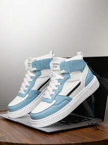 男士复古简约舒适厚底减震百搭休闲运动鞋，四季字母撞色高帮防滑平底滑板鞋 - 白月 - 查看 2