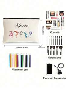 1pc Custom Gymnastics Pattern Makeup Bag - Personalized Name, Lightweight & Foldable Cosmetic Pouch, Polyester With Black Zipper, Ideal For Travel & Gifts, White, All-Purpose, Large Capacity, Versatile, Multifunction, Colorful, Cute, Adorable, Contracted, Funny, Kawaii, Y2K, Minimalist, Commuting, Business Casual, Basics, Custom, For Anniversaries, For Birthdays, For Holiday/ Vacation, For Outdoors/Outings/Travel/Hiking/Stadium/Sports/Climbing, For Business/Commute/Work/Office, Vacation, Vacation