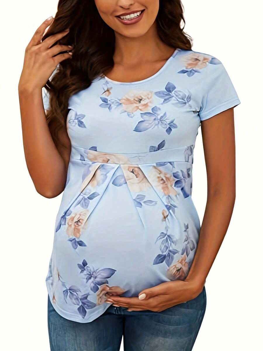 Women's Maternity Tops Short Sleeve Round Neck Front Pleat Peplum Tunic Top Pregnancy Casual T Shirts - 藍色花朵印花 - 查看 1