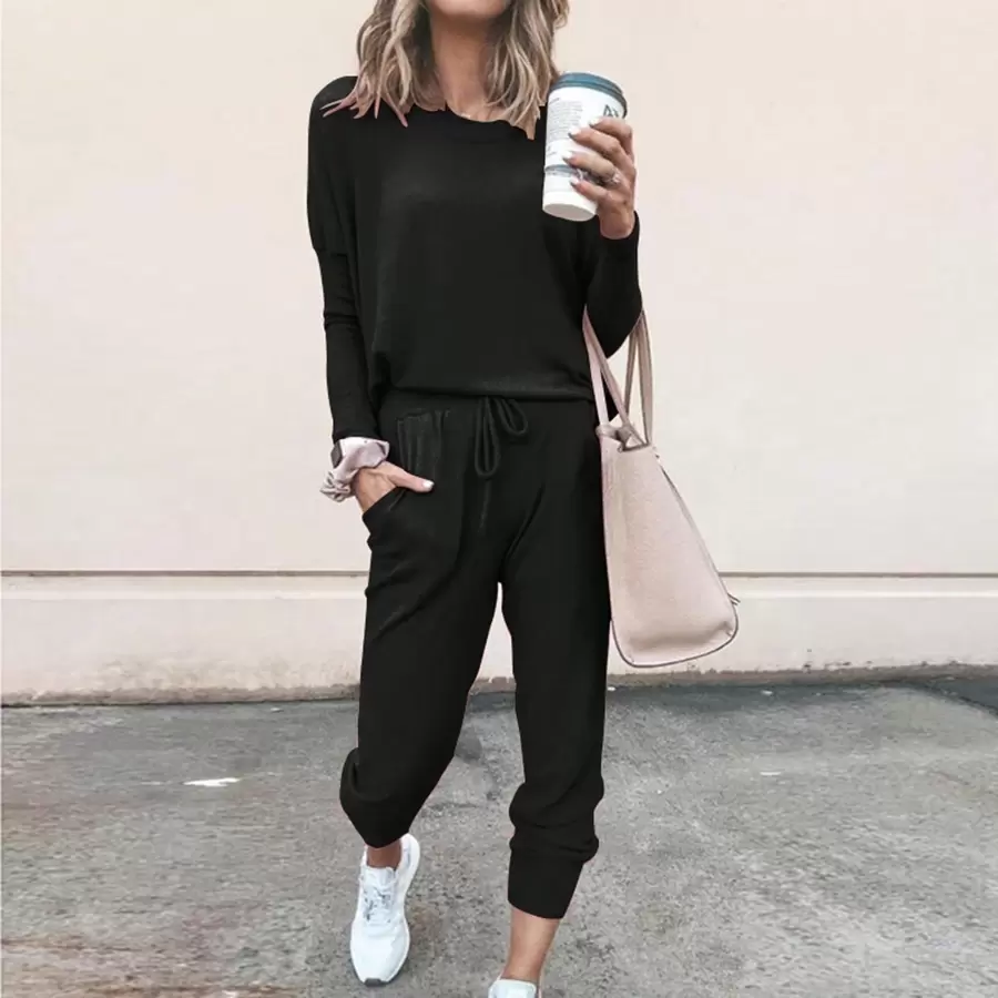Women Tracksuits, Casual Sportswear Set Solid Color Long Sleeve O-Neck Pullover+Drawstring Trousers Lady Spring Tracksuit Outfit - Black - View 1