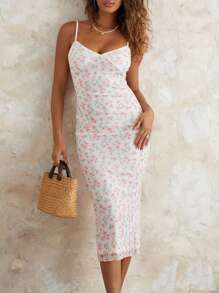 Women Sleeveless Floral Maxi Dress Summer Spaghetti Strap Bodycon Party Dress For Cocktail Beach Streetwear - White - View 3