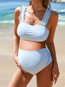 Women Maternity Bikini 2 Pcs Set Ruffled Crop Tank Tops With High Waist Shorts Swimsuit - Blue - View 4