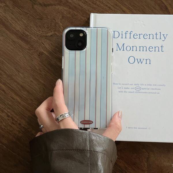 Double Layer Minimalist Blue Striped English Phone Case Compatible With IPhone 16 Pro Max/15 Pro Max/14 Pro/13 Pro/12