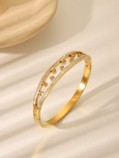 1pc Stainless Steel 18K Gold Electroplated Fashionable Minimalist Geometric White Zirconia Studded Bracelet, Suitable For Women Daily Wear