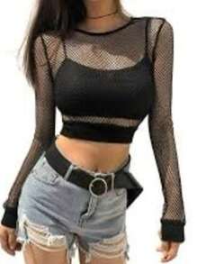 BLUSA DE MEDIA DE RED SEXY - Negro - Ver 1