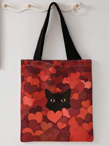 猫图案双面印花单肩手提包印花手提包休闲旅行沙滩包大容量可重复使用单肩购物袋女士休闲单肩包手提包大容量帆布沙滩包手提包购物袋印花女士杂货单肩包 - 彩色 - 查看 9