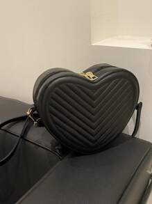 1 pieza Bolso pequeño de unicolor simple y elegante para niñas, nueva bolsa de mensajero de hombro con textura en forma de corazón, material de PU, bolso de corazón de niña de moda, bolso de mensajero de hombro a cuadros elegante y versátil con cierre de cremallera, muy adecuado para salidas y citas