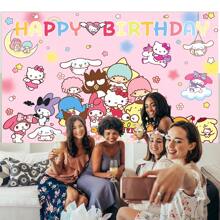 Sanrio 1PC Cute Cartoon Pink Sanrio Character Series Theme Birthday Party Decoration Background (210 * 150/150 * 100/100 * 75CM) Hello Kitty Kuromi Yuguigou Photography Background Party Cake Table Supplies Decoration Background Cloth Banner Perfect Decoration Birthday Party Room Wall Background Cloth Photo Pavilion Studio Props