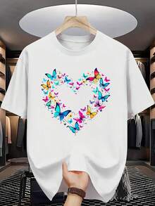 Fashionable And Creative Butterfly Heart-Shaped Printed Top, Comfortable Short Sleeved Round Neck T-Shirt, Versatile Clothing For Daily Outdoor Or Casual Wear