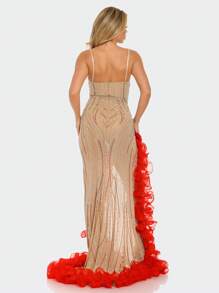 Elegant Evening Gown With Dazzling Rhinestones And Dramatic Red Ruffle Train -Perfect For Gala Events Comfortable Fabric